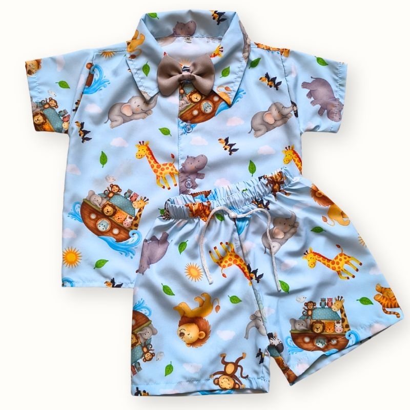 Mauricinho Conjunto Arca de Noé Infantil Temática para Festa, Aniversário e Mesversário Social Camisa + Shorts Menino