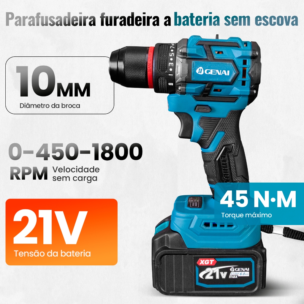 Conjunto de 4 peças furadeira elétrica sem escova 21v + chave + rebarbadora + luz · foto 2