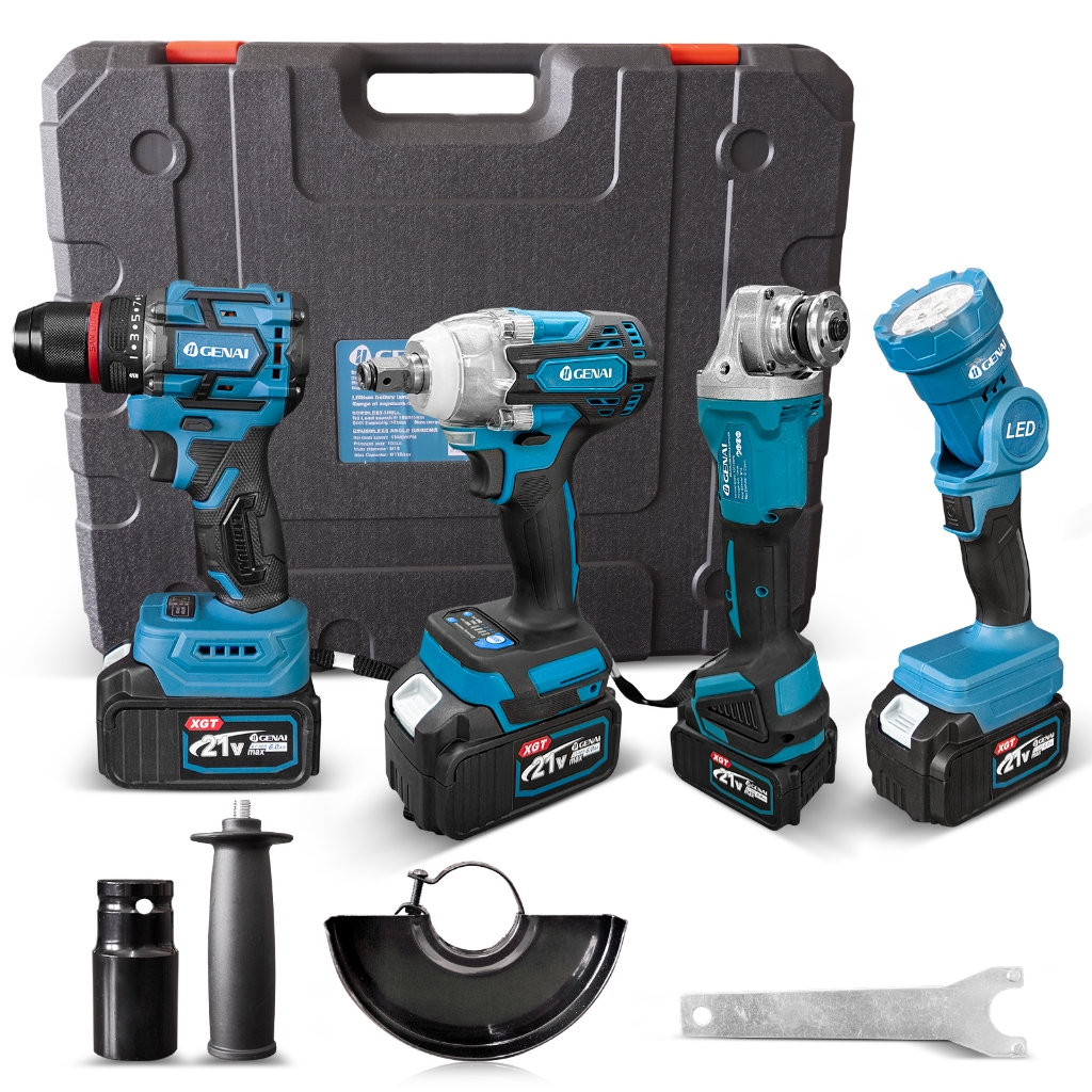 Conjunto de 4 peças furadeira elétrica sem escova 21v + chave + rebarbadora + luz
