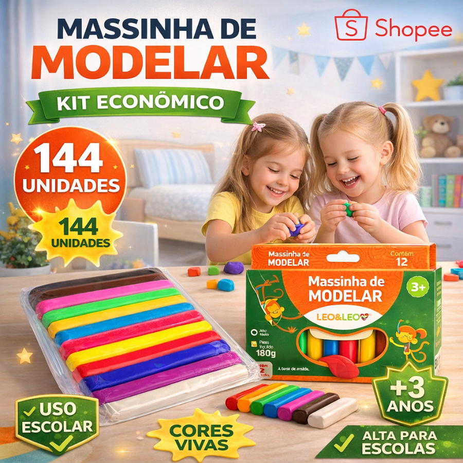 Kit 12 Caixas Massinha Colorida De Modelar Leo&Leo 144UN 180g Infantil Escolar 12 Cores Não tóxica