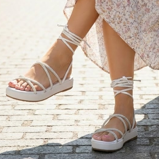 Papete Sandália Feminina Plataforma Birken de Amarração na Perna Strass Blogueira Ref. 30/19