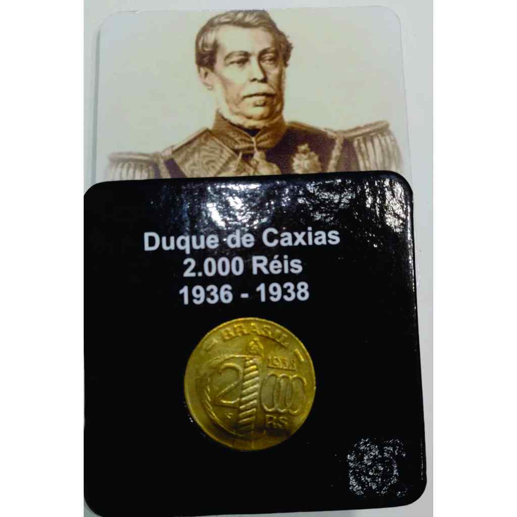 cartela com a moeda do Duque de Caxias 2000 Reis organizer