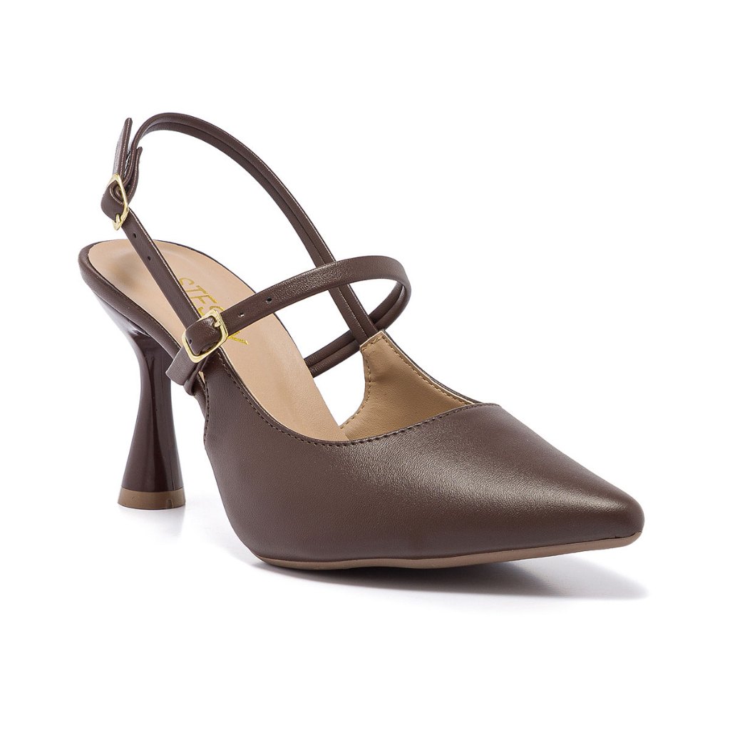 Scarpin Slingback Feminino Stessy Shoes Salto Alto Bico Fino Fivela Elegante e Confortável Marrom em Oferta na Shopee