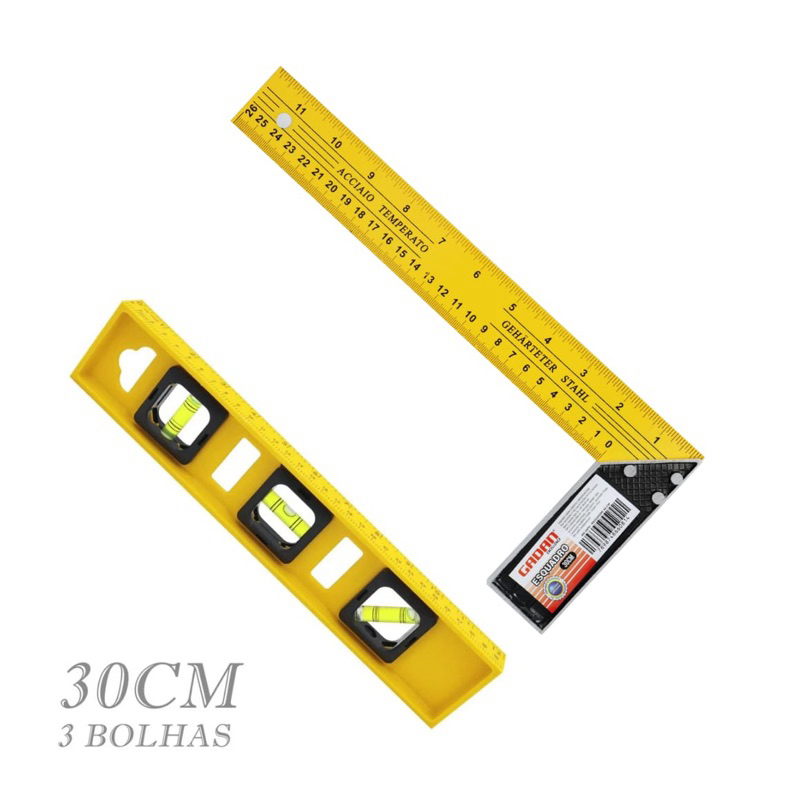 Nível de Alumínio 3 Bolhas e  Esquadro Profissional 30cm ou 40cm  Kit ou Unitário em Oferta na Shopee
