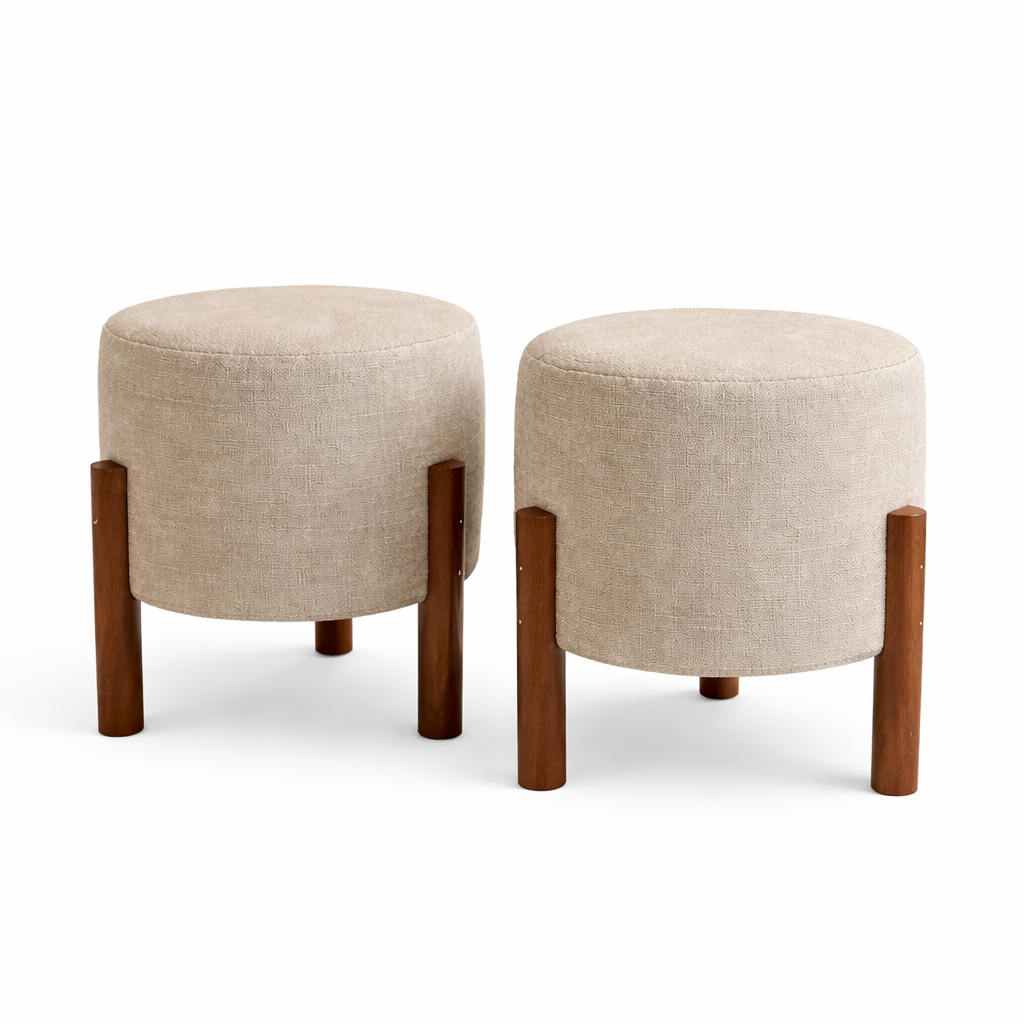 Puffs de Linho Decorativo Moderno Redondo Estofado Confortável Luxuoso Sala Quarto Branco Bege Cinza Escritorio