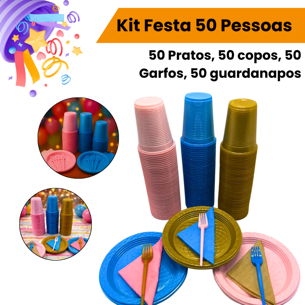 Kit Festa Aniversário Descartável 200 Peças: 50 Pratos, 50 Copos, 50 Garfos 50 Guardanapos em Oferta na Shopee