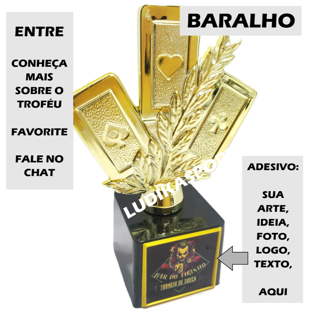 1 a 5 Troféu Baralho 3 Cartas M Ouro 17cm BL1 {Personalizo} Kit Desconto Poker Truco Uno Tranca