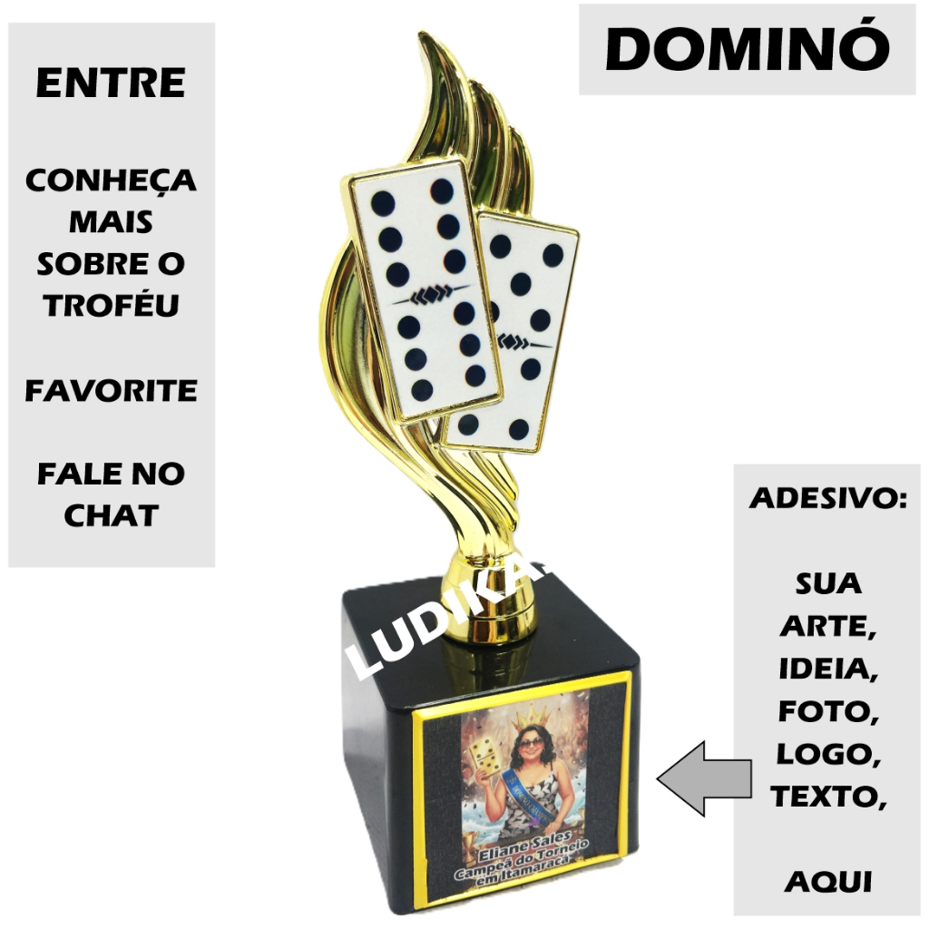 1 a 5 Troféu Dominó Color Ouro 18cm BL1 {Personalizo} Bucha Pelada Branca Marfim Sena Duque Às Terno