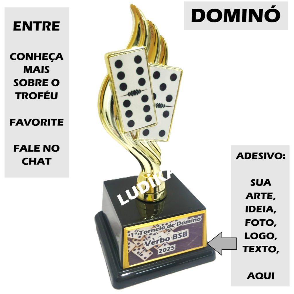 1 a 4 Troféu Dominó Color Ouro 17cm BV4 {Personalizo} Dupla Duque Terno Quadra Quina Sena Carroça