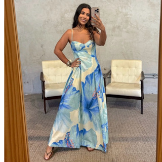 Vestido Longo Feminino Estilo Farm – Floral Azul, Alças Reguláveis, Crepe Barbie premium em Oferta na Shopee
