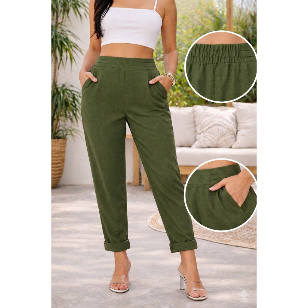 Calça feminina Alfaiataria no Linho | Capri Cintura Alta com Elástico e bolsos super confortavel