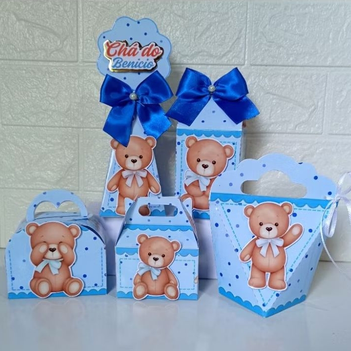 kit clássico de caixinhas personalizada para lembrancinhas de festa de aniversário, tema ursinho azul,leia a descrição.