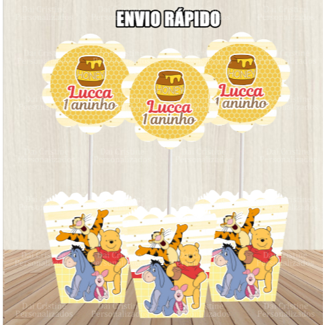 kit de 10 Centro de Mesa Personalizado Caixa Cachepot Ursinho Pooh Cachepô Enfeite Arranjo