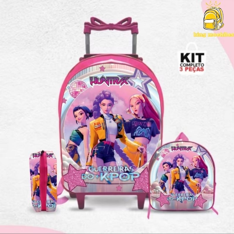🎒KIT Mochila+Lancheira+Estojo infantil Guerreiras do K-Pop -REFORÇADA
