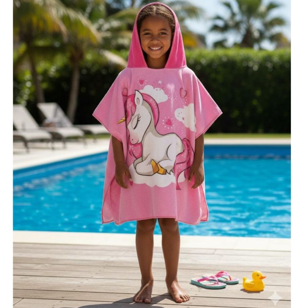 Toalha Poncho De Banho Infantil Praia Piscina 60x120 Capuz Desenho divertido Microfibra seca rápido