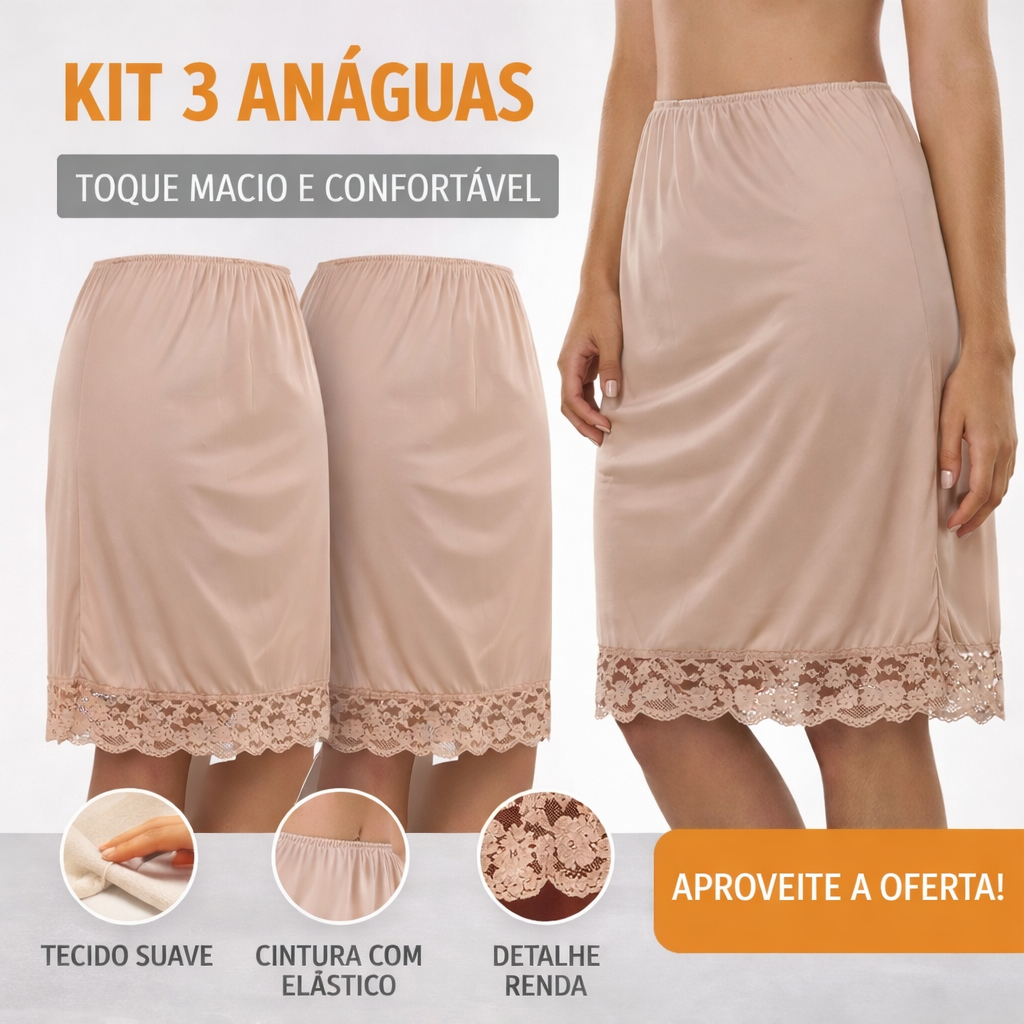 Kit 3 Anágua Saiote Saiote Segunda Pele Vestido Barra Com Renda Moda Senhora Combinação