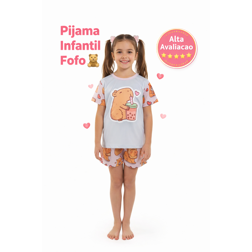 Pijama infantil Feminino Manga Curta Estampado Capivara Personagem Barato lindo premium