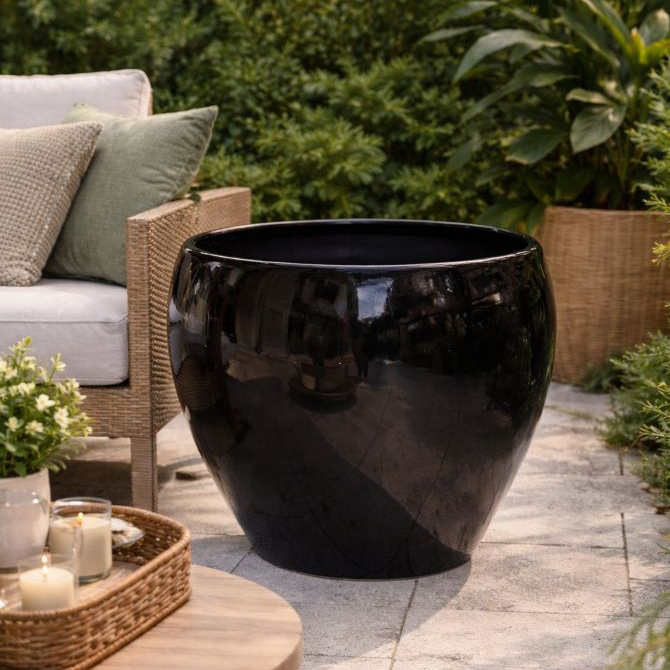 Vaso Fibra De Vidro Bacia 55x25 Cachepot Vaso & Cor Preto Brilhante
