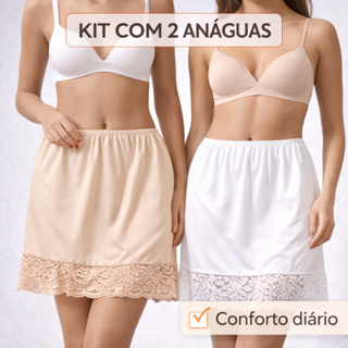 Kit 2 Saia Anágua Saiote Segunda Pele Vestido Bege Preto Justa Barra Com Renda em Oferta na Shopee