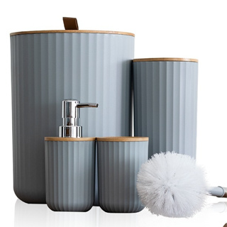 Kit Banheiro 4 Peças Tampa de Bambu Lixeira Escova Sanitária Porta Escovas Design Moderno Luxo em Oferta na Shopee