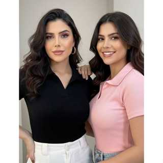 kit 2 Camisa Polo Feminina Gola V Tecido Ribana Canelada Macia Blusinha Casual Dia a Dia Tendência em Oferta na Shopee