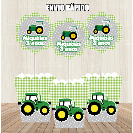 kit de 10 Centro de Mesa Personalizado Caixa Cachepot Trator Verde Cachepô Enfeite Arranjo