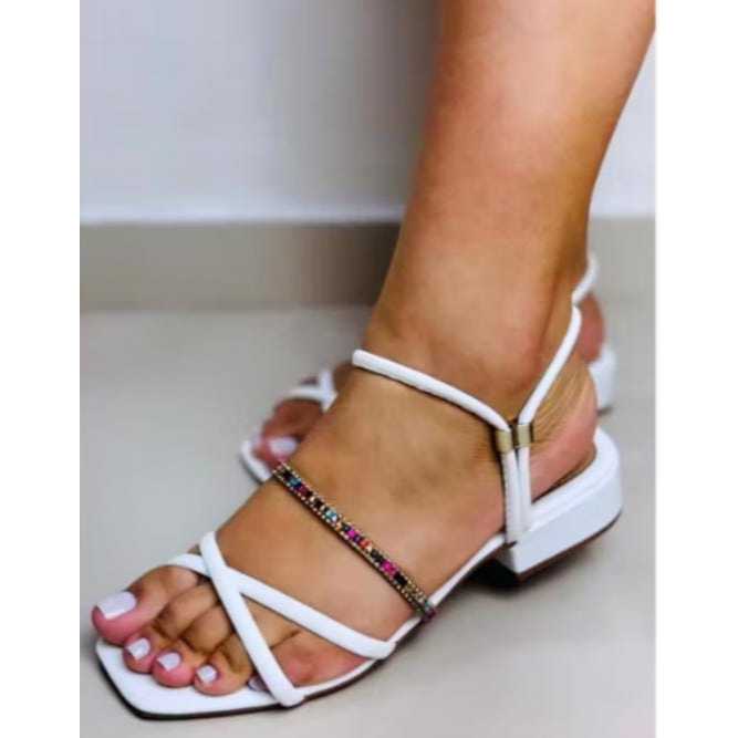 Sandalia salto bloco frente detalhe X com tira strass leve casual ST1