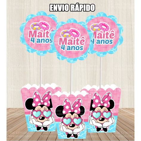 kit de 10 Centro de Mesa Personalizado Caixa Cachepot Minnie Pool Party  Cachepô Enfeite Arranjo