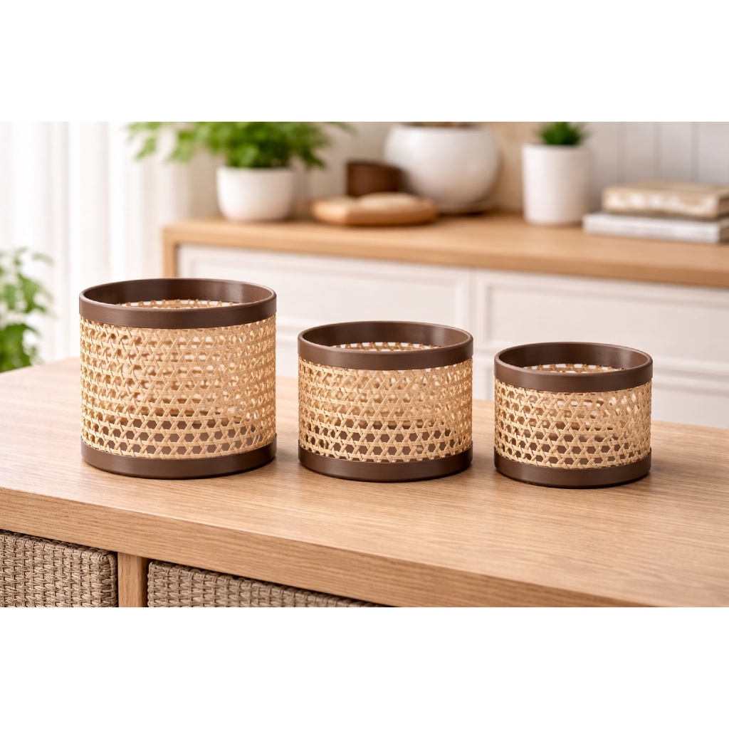 Kit 3 Potes Decorativo Estilo Rattan - Multiuso Cachepô Vaso Organizador Sustentável Em Impressão 3D