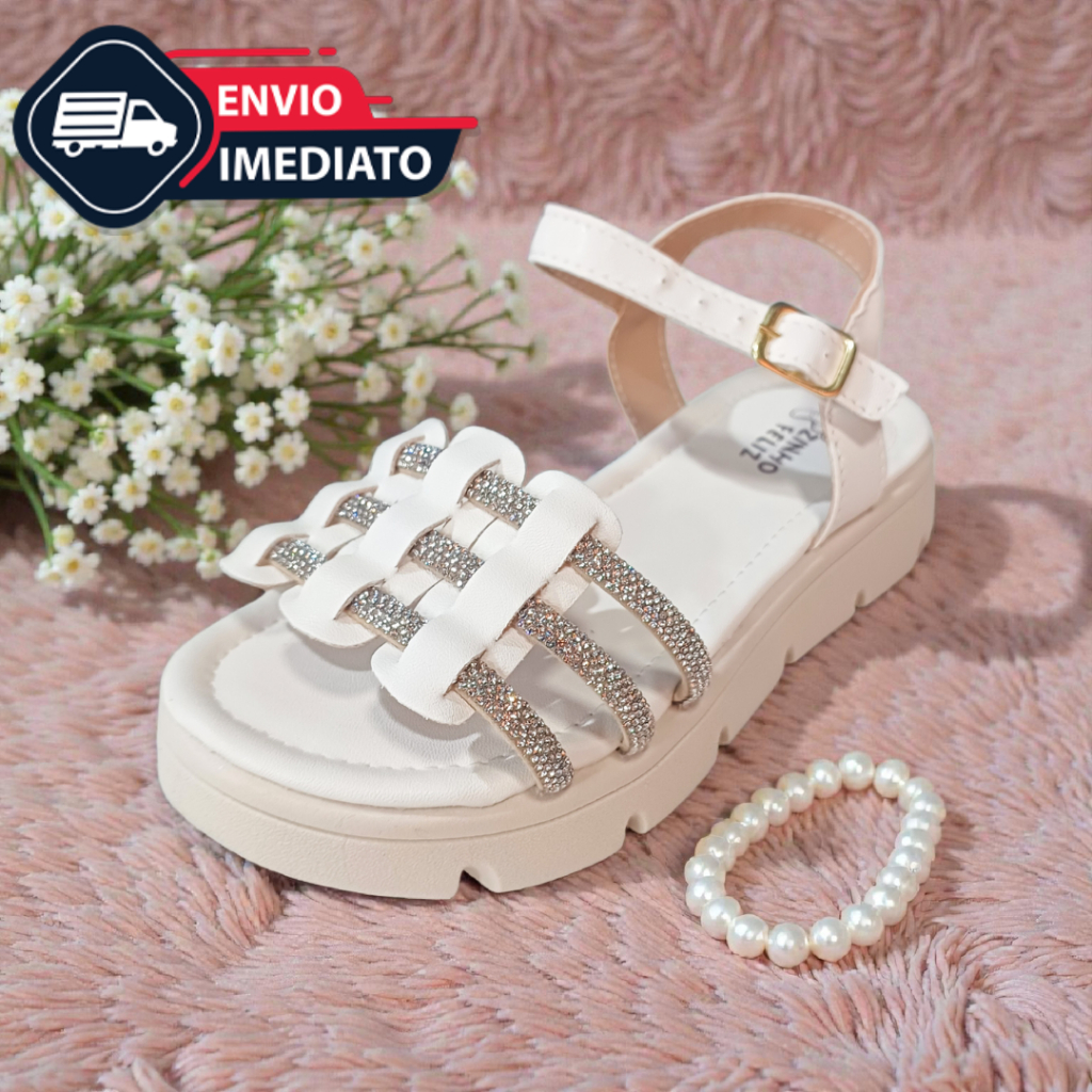 Sandália Infantil Feminina Flatform com Laço e Strass Brilhante Confortável