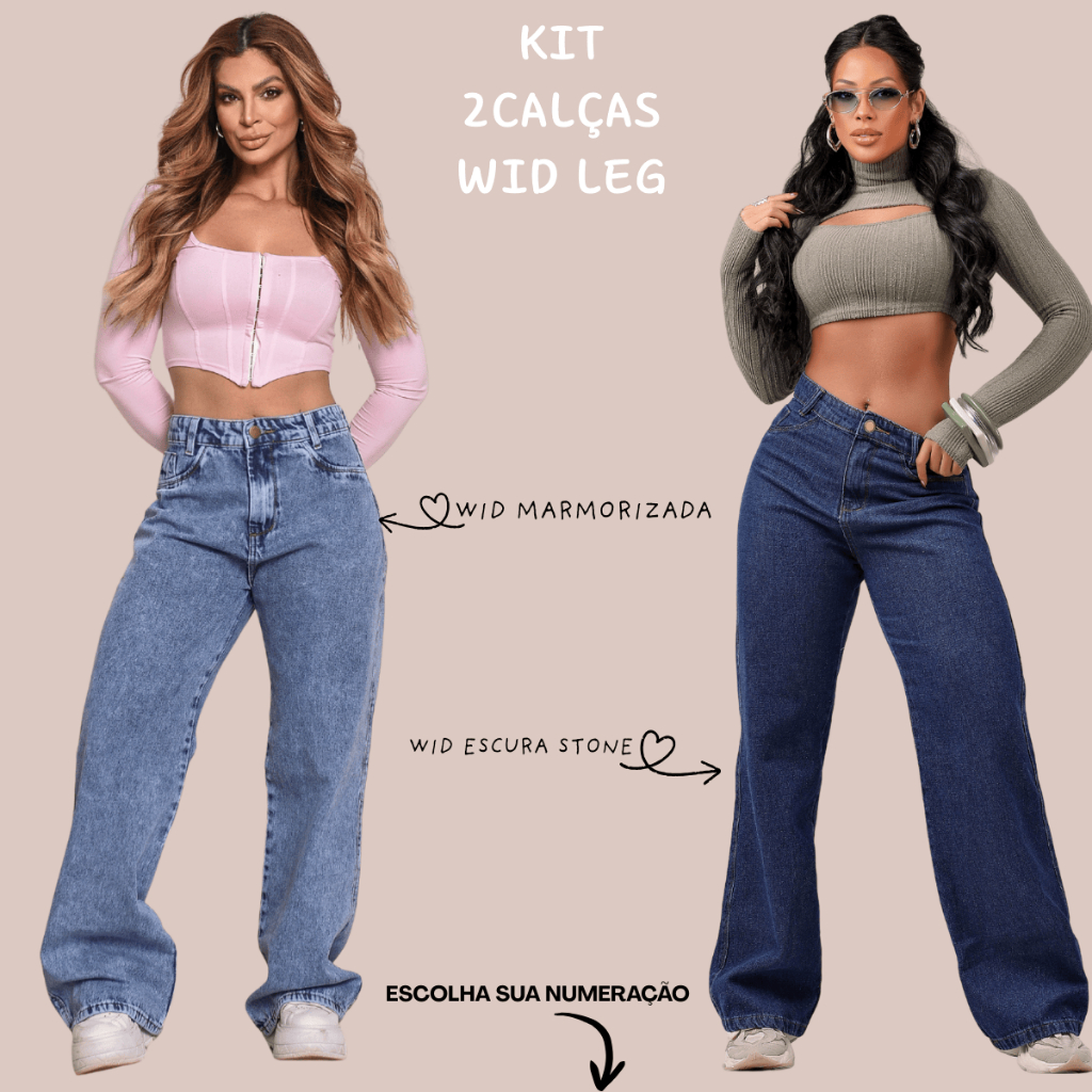 KIT 2 CALÇAS JEANS WID LEG CINTURA ALTA BLOGUEIRA em Oferta na Shopee