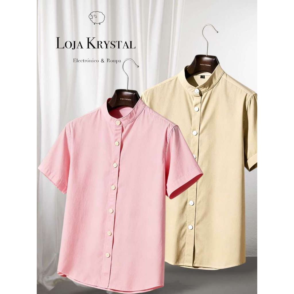 LK KIT 2 Camisa padre  Bege de duas peças Camisa manga curta social masculina de viscolinho com gola padre