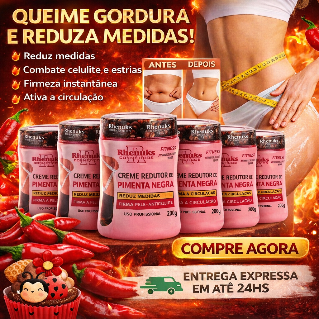 Creme Redutor de Medidas Pimenta Negra – Elimina Gorduras, Celulite e Estrias | Kit 6 Unidades