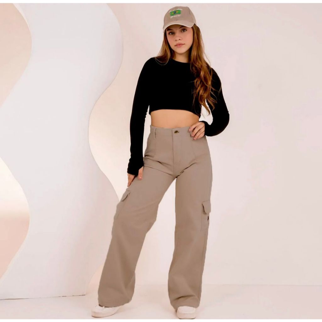 Calça Wide Leg de Menina Infantil Juvenil Bolso Cargo Premium Moda Blogueira com Ajuste na Cintura Festas 04 até 16