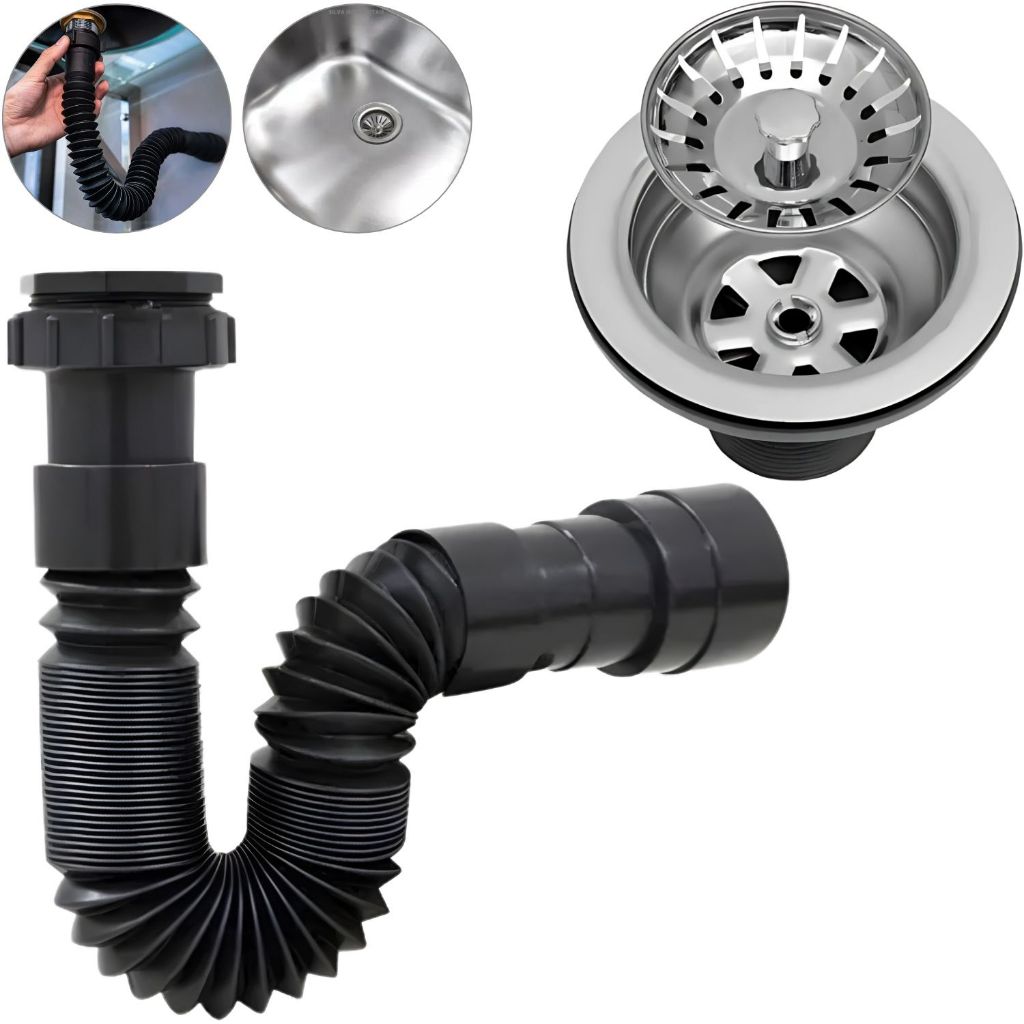 Kit Válvula Americana 3.1/2 Brilhante Cromada com Sifão Flexível Sanfonado Universal Preto 70cm
