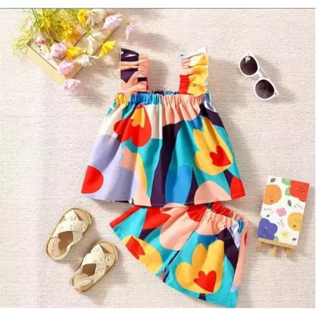 Conjunto Infantil de verão para meninas, com estampa floral, confortável e estiloso com babados