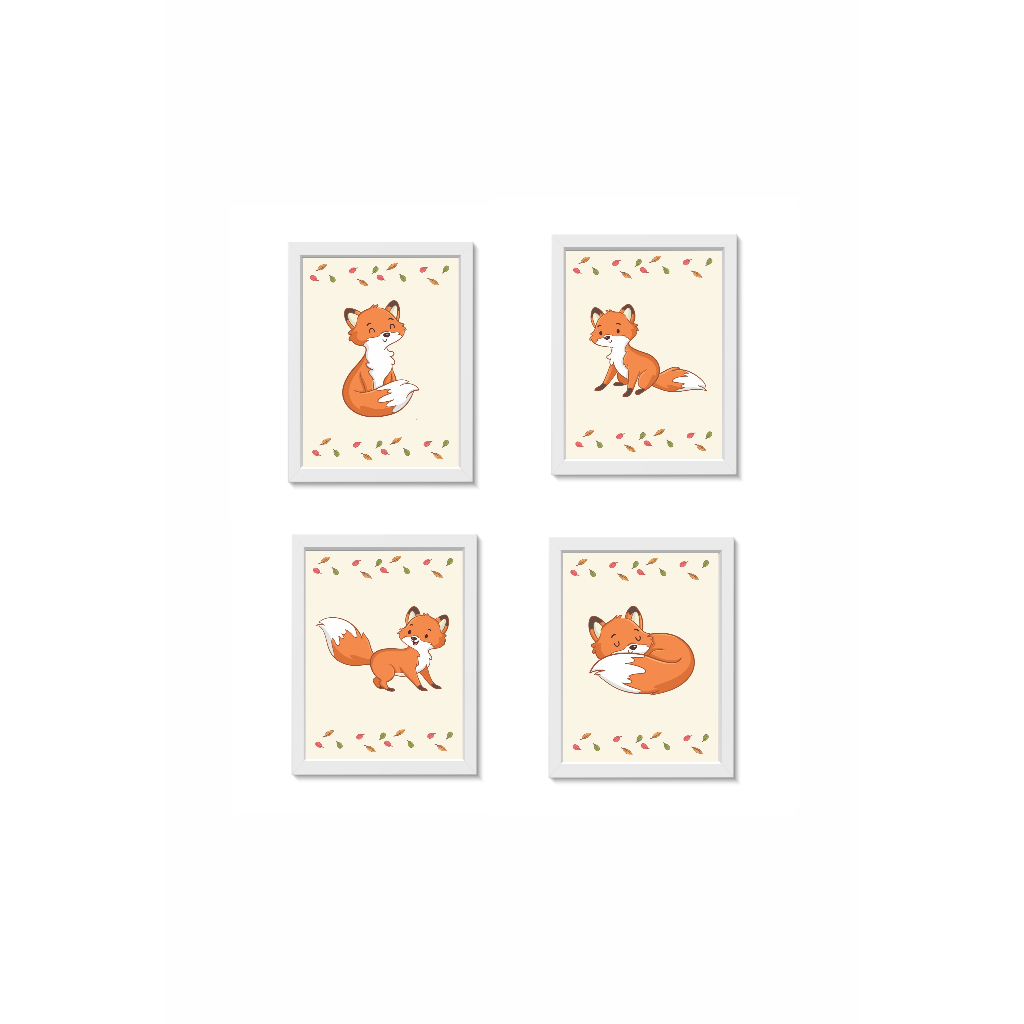 Kit 4 Quadros Decorativos Raposas Infantil Molduras 20x30cm Madeira Vidro Brancas