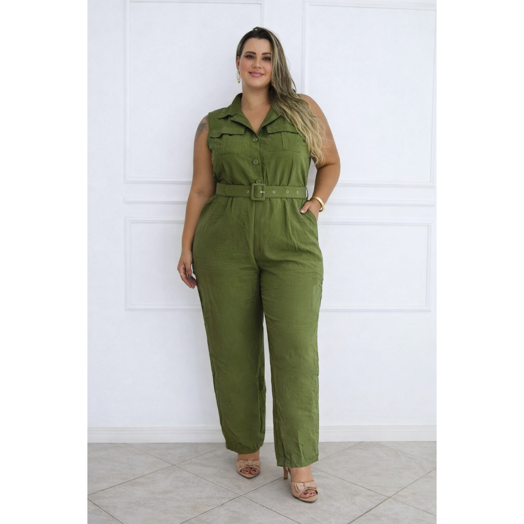 Macacão Sensorial PlusSize 46-52 Botões e Bolso Funcionais com Cinto 9853