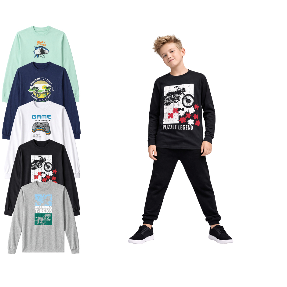 Kit 5 Camisetas Manga Longa Estampada 100% Algodão Básica Infantil Juvenil Menino