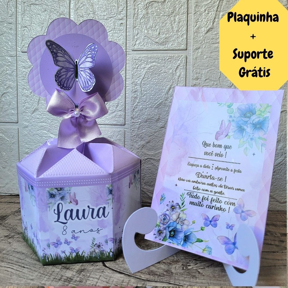 Centro de Mesa Jardim das Borboletas Lilás +- Plaquinha Cachepô Personalizado Roxo Enfeite Lembracinha Arranjo p/Festa