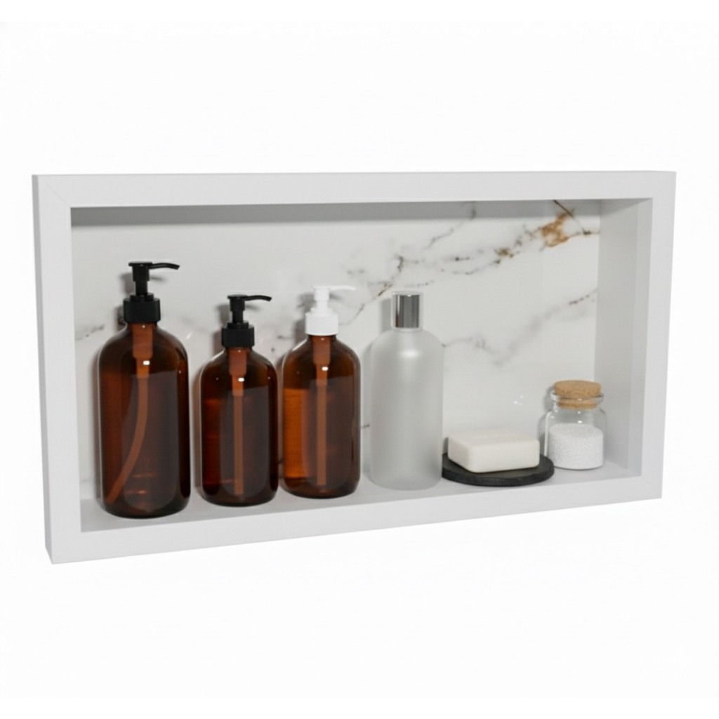 Nicho de Embutir Luxo em Porcelanato Preto/Branco Alto Brilho com Borda em Alumínio–Banheiro Moderno