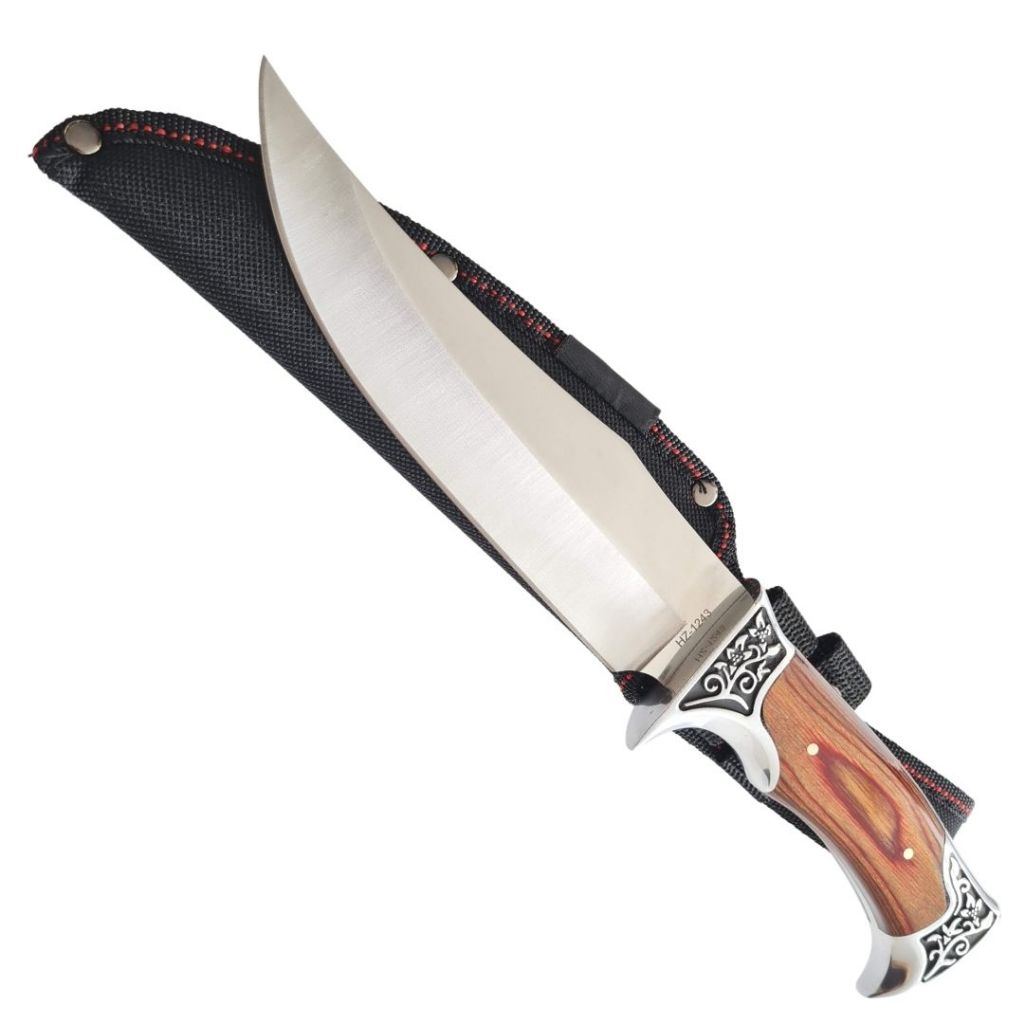 Faca Churrasco Caça e Pesca Cabo Artesanal Com detalhe Metal Em Madeira e Metal Cabo Pomo Desenhado Aço Inox Com Bainha