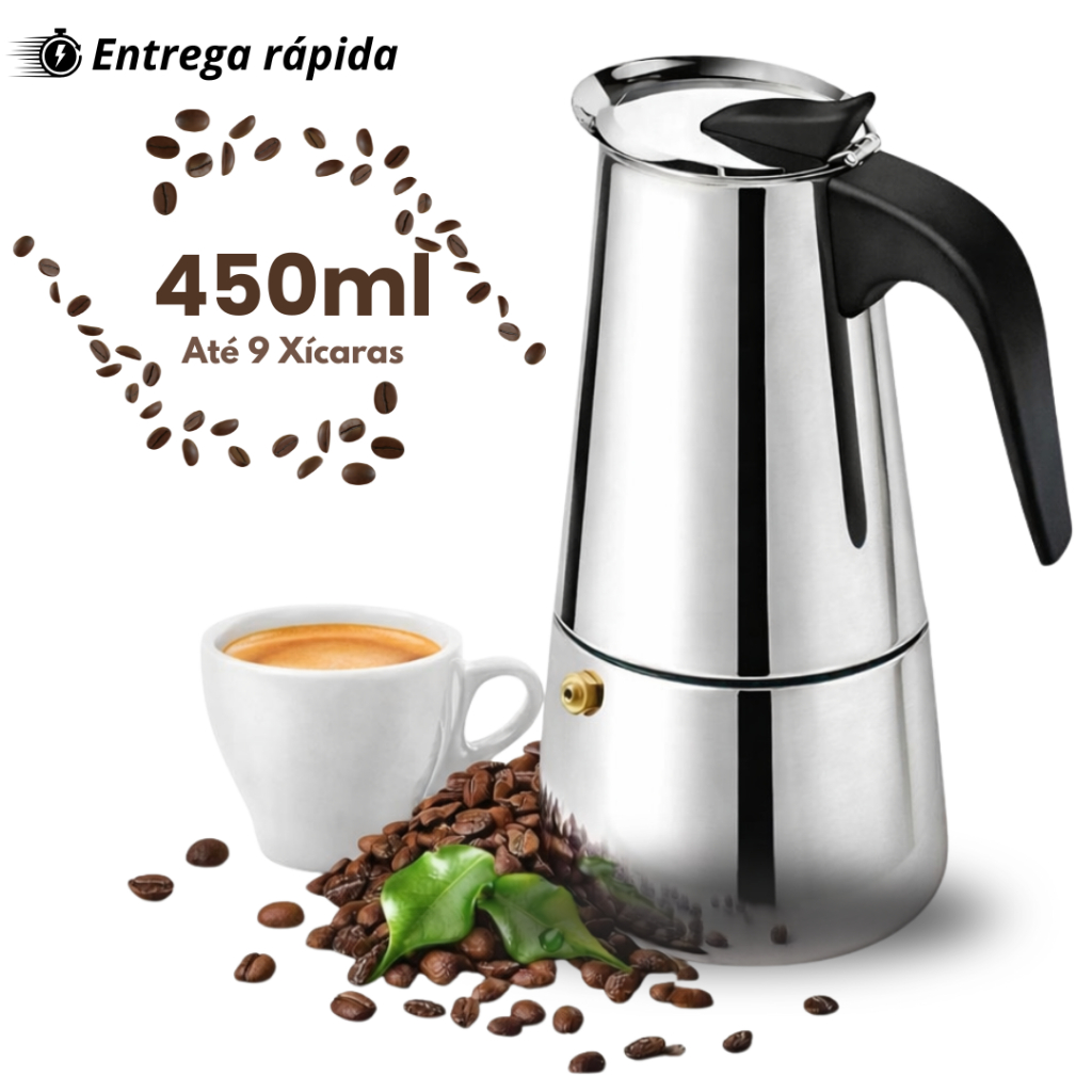 Cafeteira Expresso Italiana de Aço Inox 450ml 9 Xícaras de Café Expresso e Moka