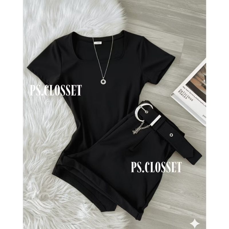 conjunto feminino moda blogueira 2026 bory body gola quadrada + shorts preto alfaiataria com cinto