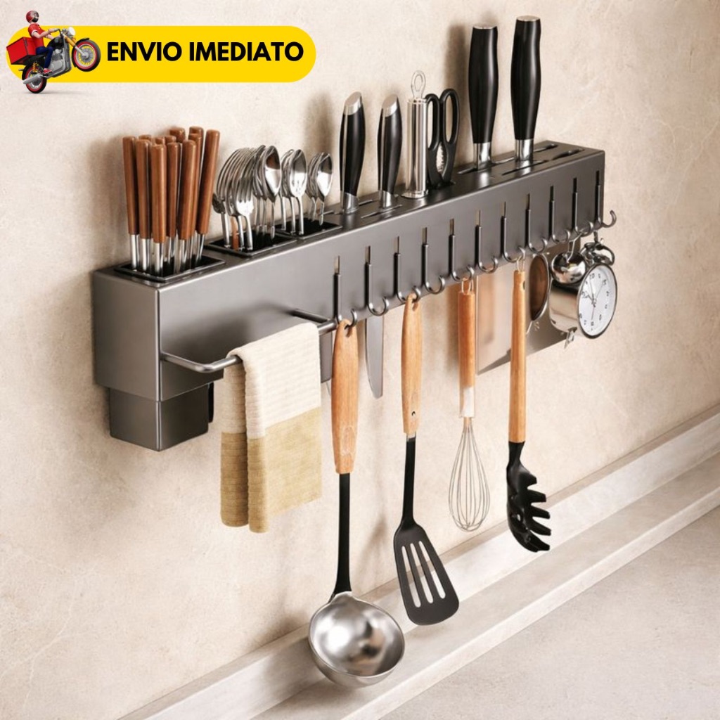 Suporte Porta Utensílios de Cozinha Parede Inox com Ganchos Porta Facas Escorredor de Talheres Organizador com Barra