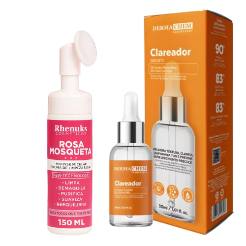 Mousse Micelar Rosa Mosqueta Espuma Limpeza Facial + Clareador Dia e Noite de Manchas Melasma Serum facial Clear Derma