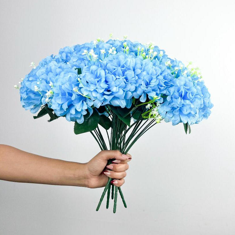 Kit 3 a 12 Buquê de Pompom Grande Hortênsia Artificial com 9 flores - BY800578 COR: AZUL CLARO em Oferta na Shopee