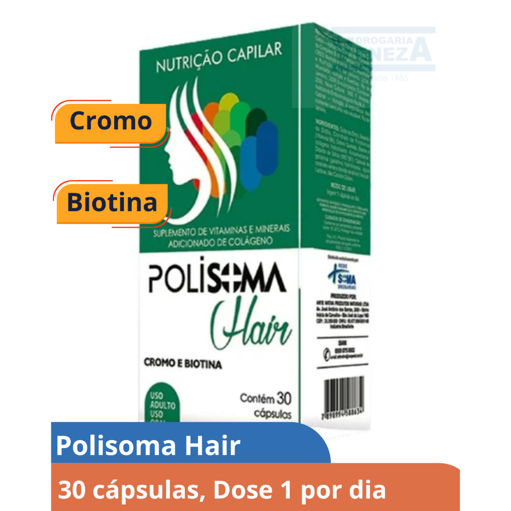 Polisoma Hair com Biotina e Cromo – Suplemento para Cabelo, Pele e Unhas