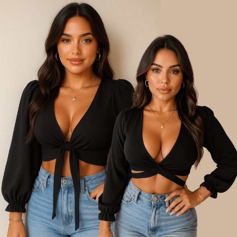 Cropped feminino manga longa amarração frontal