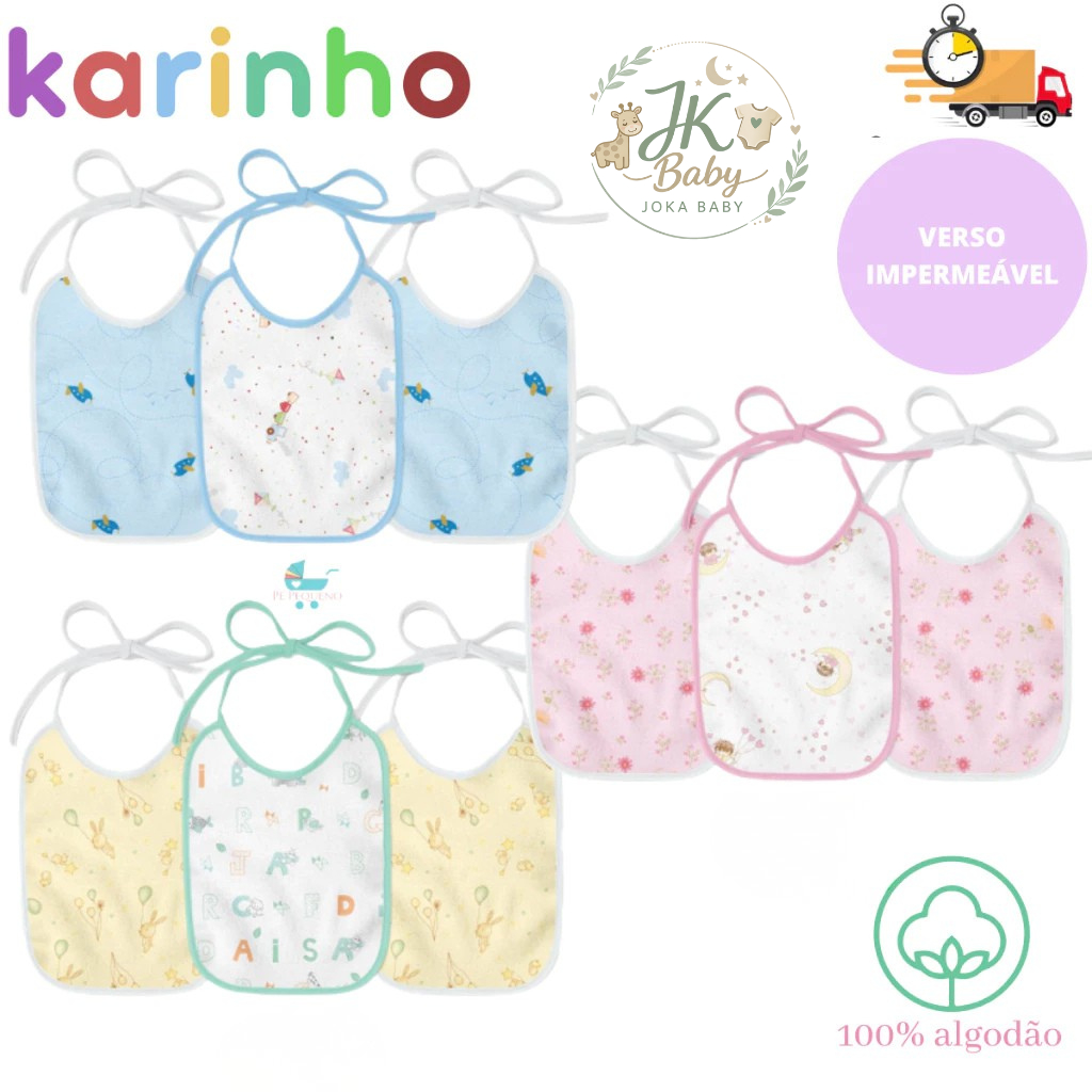 Kit Babador Flanelado e Plastificado karinho Estampado 21 cm X 19 cm com 3 unidades - Karinho